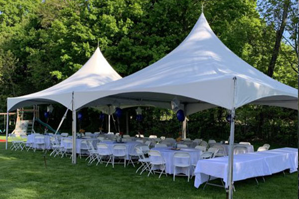 Framed tent with seating layout